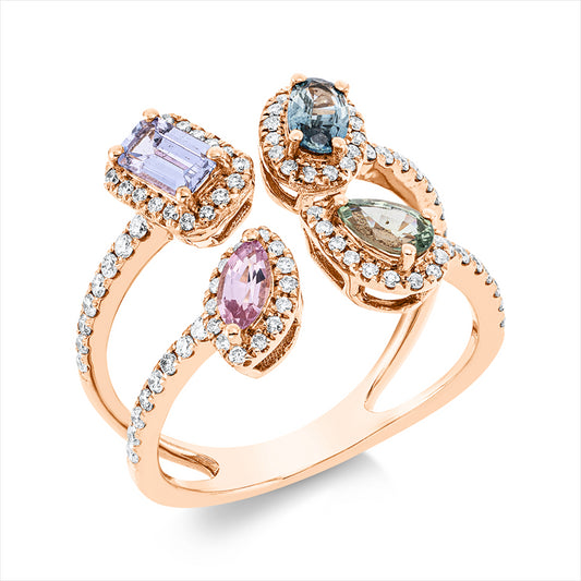Ring 18 kt RG, 95 Brill. 0,40 ct, TW-si, 4 Saphire 1,05 ct multicolor