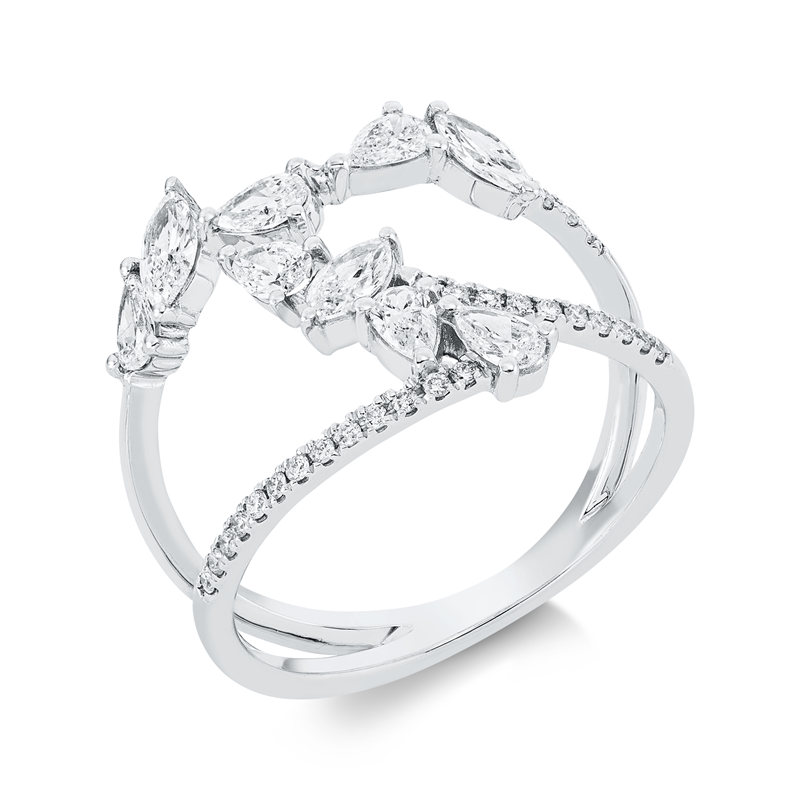 Ring 18 kt WG, 6 Tropfen 0,42 ct, TW-si, 3 Nav. 0,30 ct, TW-si, 27 Brill. 0,11 ct, TW-si