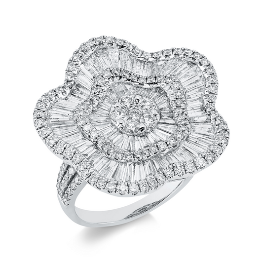 Ring 18 kt WG, 70 Trap. 1,81 ct, TW-si, 144 Brill. 1,22 ct, TW-si