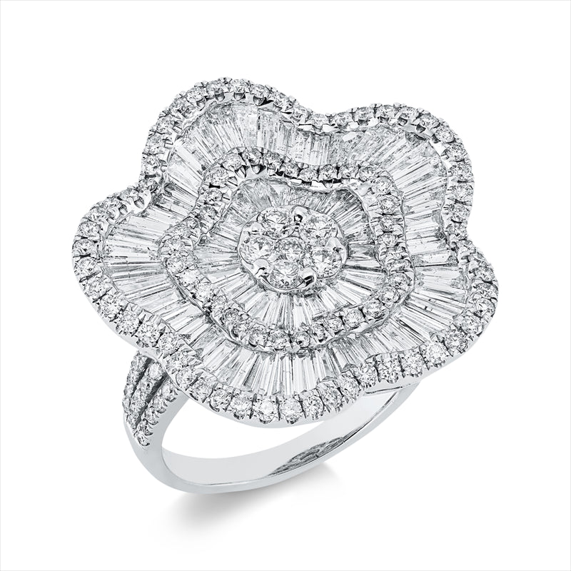 Ring 18 kt WG, 70 Trap. 1,81 ct, TW-si, 144 Brill. 1,22 ct, TW-si