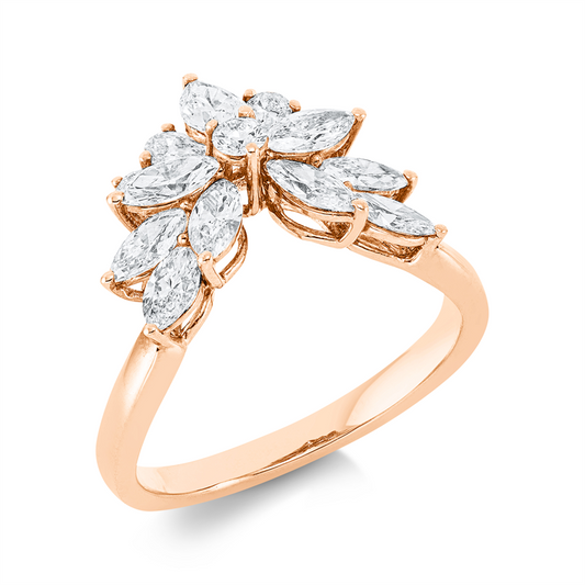 Ring 18 kt RG, 3 Tropfen 0,36 ct, TW-si, 8 Nav. 1,13 ct, TW-si, 3 Brill. 0,16 ct, TW-si