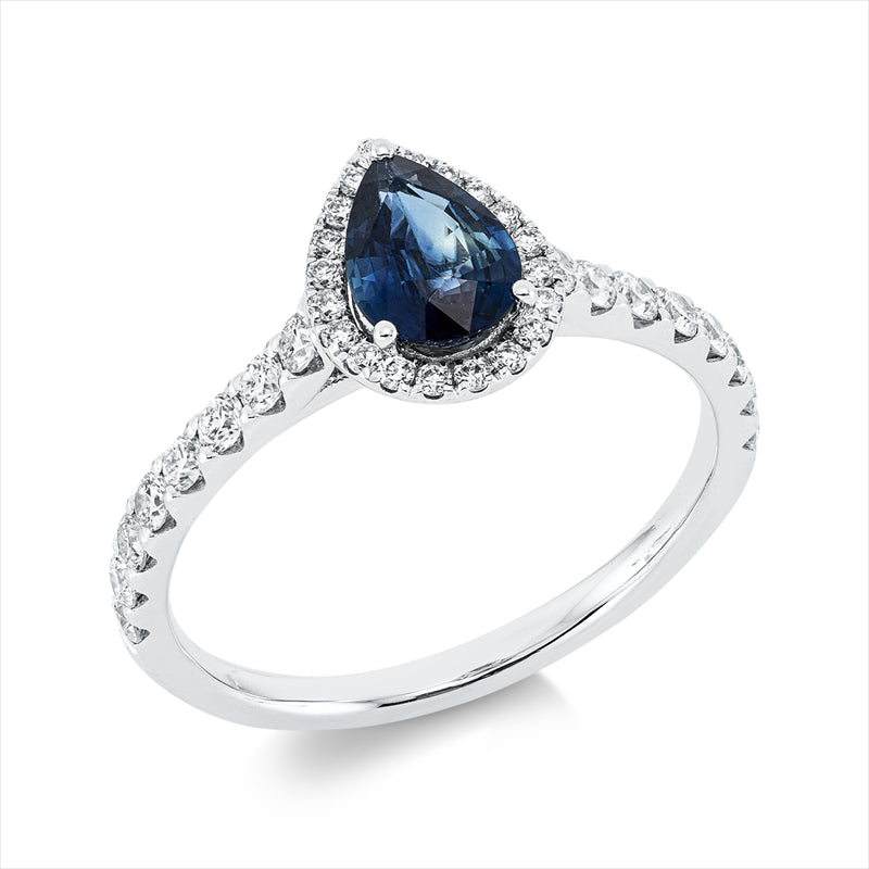 Ring 18 kt WG, 36 Brill. 0,48 ct, TW-si, 1 Saphir 0,77 ct blau