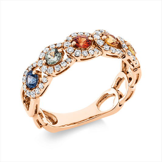 Ring 18 kt RG, 50 Brill. 0,28 ct, TW-vsi/si, 5 Saphire 0,67 ct multicolor