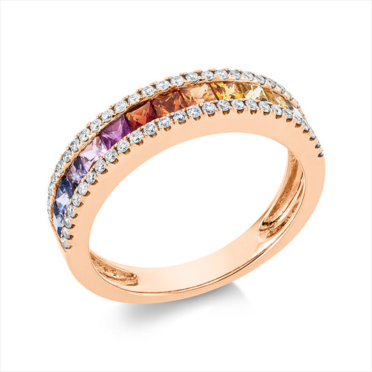 Ring 18 kt RG, 54 Brill. 0,25 ct, TW-si, 12 Saphire 1,05 ct multicolor, 1 Rubin 0,09 ct rot