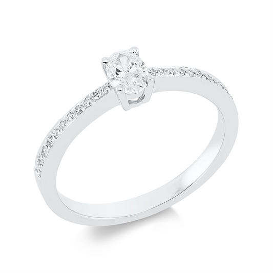 Ring 18 kt WG, 1 Oval 0,30 ct, TW-vsi, 22 Brill. 0,10 ct, TW-vsi
