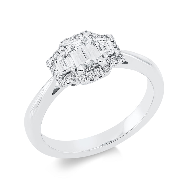 Ring 18 kt WG, 2 Trap. 0,27 ct, TW-vsi, 1 Sm.schliff 0,51 ct, TW-vsi, 24 Brill. 0,15 ct, TW-vsi