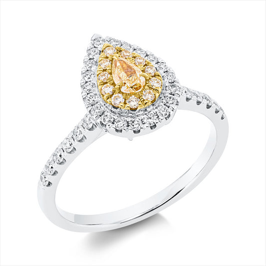 Ring 18 kt WG+GG, 32 Brill. 0,33 ct, TW-si, 1 Tropfen 0,18 ct, gelb, 11 Brill. 0,10 ct, gelb