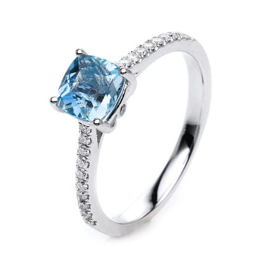 Ring 18 kt WG, 22 Brill. 0,16 ct, TW-vsi, 1 Aquamarin 1,02 ct blau