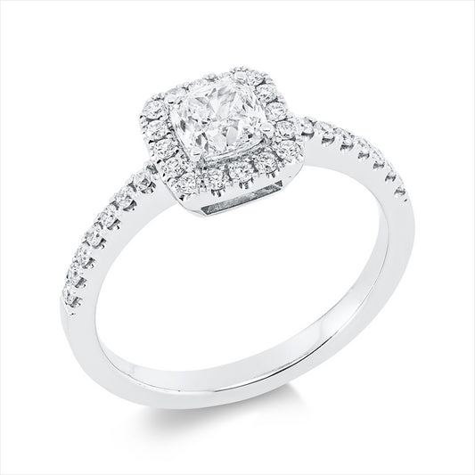 Ring 18 kt WG, 1 Cushion 0,70 ct, I-si, 30 Brill. 0,27 ct, TW-si