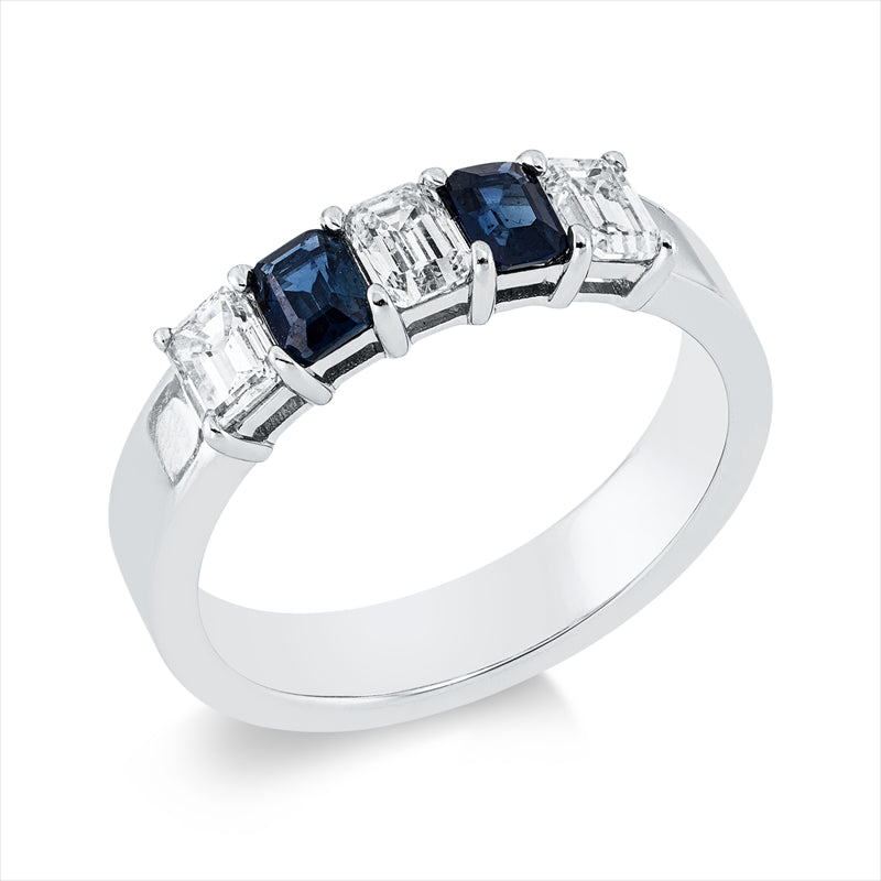 Ring 18 kt WG, 3 Sm.schliff 0,73 ct, TW-si, 2 Saphire 0,52 ct blau