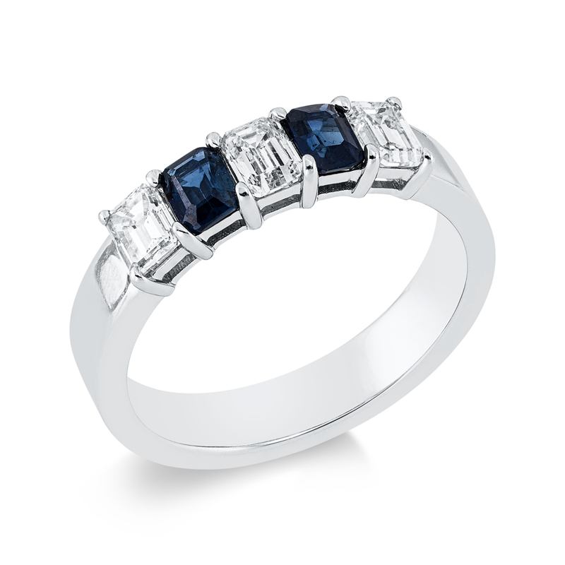 Ring 18 kt WG, 3 Sm.schliff 0,73 ct, TW-si, 2 Saphire 0,52 ct blau