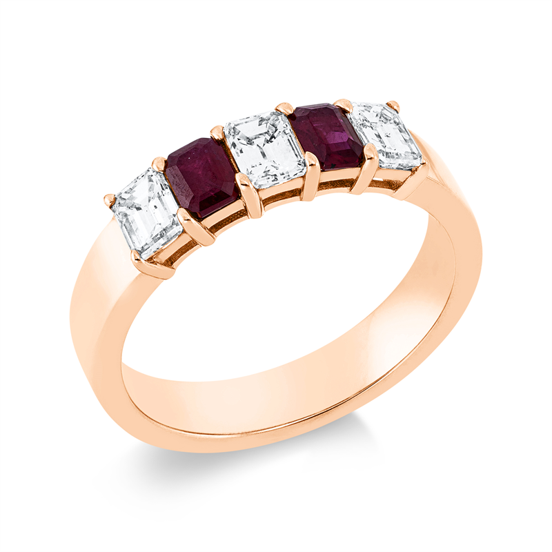 Ring 18 kt RG, 3 Sm.schliff 0,77 ct, TW-si, 2 Rubine 0,49 ct rot