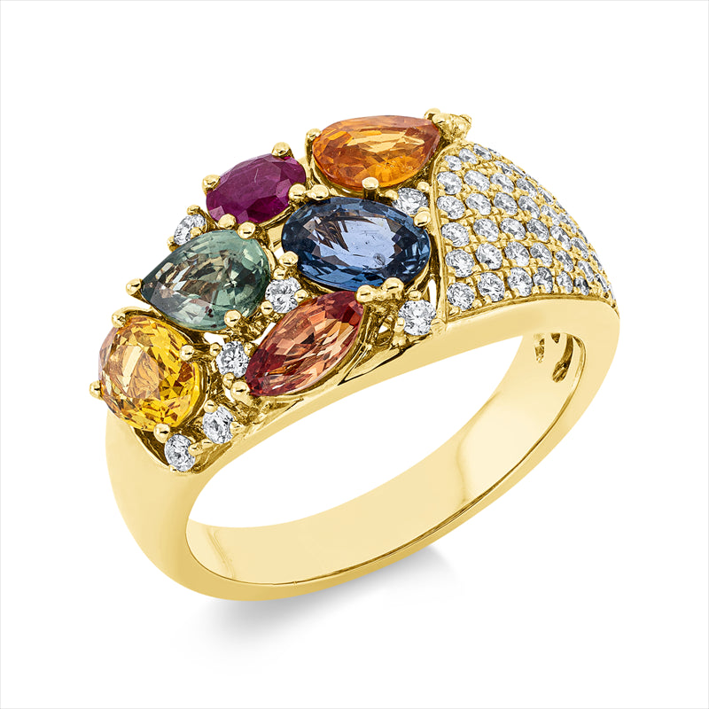 Ring 18 kt GG, 8 Brill. 0,10 ct, TW-si, 53 Brill. 0,34 ct, TW-si, 6 Saphire 2,64 ct multicolor