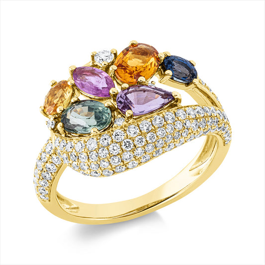Ring 18 kt GG, 1 Brill. 0,03 ct, TW-si, 105 Brill. 0,63 ct, TW-si, 6 Saphire 2,34 ct multicolor
