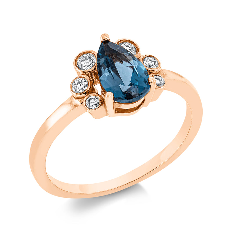 Ring 18 kt RG, 2 Brill. 0,08 ct, TW-pi, 4 Brill. 0,08 ct, TW-pi, 1 Topas 1,11 ct Lond. blue