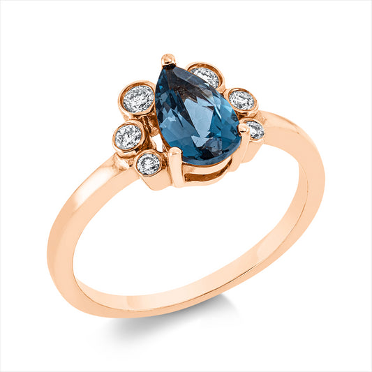 Ring 18 kt RG, 2 Brill. 0,08 ct, TW-pi, 4 Brill. 0,08 ct, TW-pi, 1 Topas 1,11 ct Lond. blue