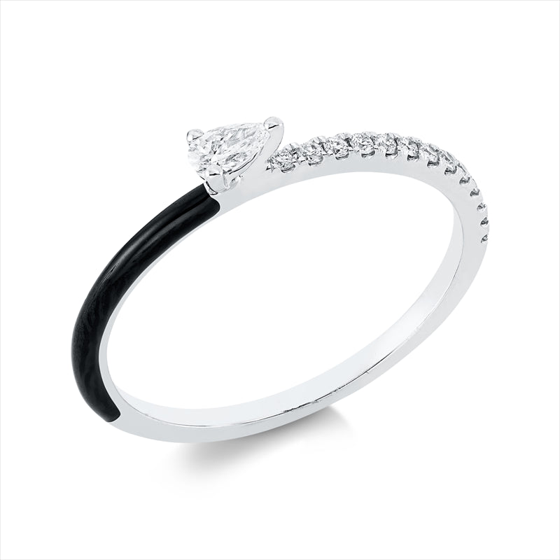 Ring 18 kt WG, 1 Tropfen 0,08 ct, TW-vsi, 13 Brill. 0,09 ct, TW-pi, 1 Emaille 0,05 ct schwarz