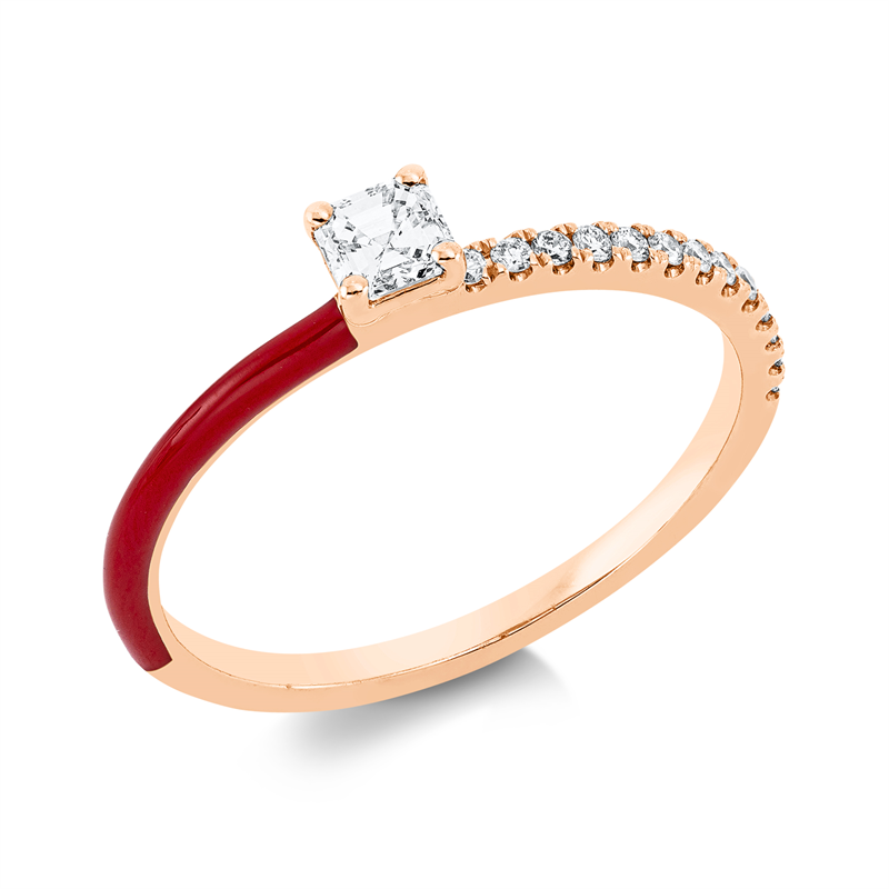 Ring 18 kt RG, 1 Assher 0,19 ct, TW-vsi, 13 Brill. 0,09 ct, TW-pi, 1 Emaille 0,05 ct rot