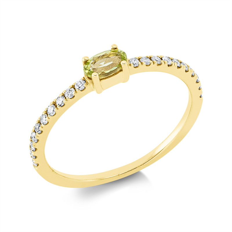 Ring 18 kt GG, 20 Brill. 0,16 ct, TW-pi, 1 Peridot 0,22 ct grün