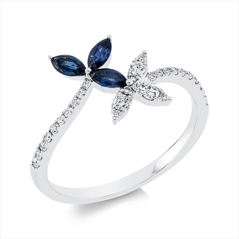 Ring 18 kt WG, 3 Brill. 0,06 ct, TW-si, 26 Brill. 0,13 ct, TW-si, 3 Saphire 0,32 ct blau