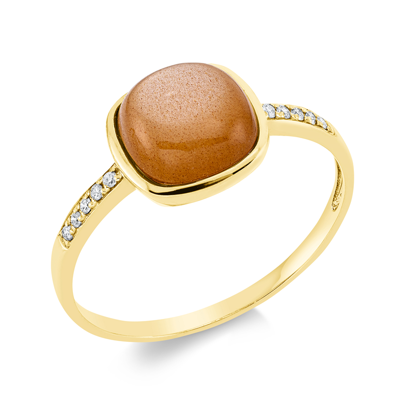 Ring 18 kt GG, 10 Brill. 0,05 ct, TW-pi, 1 Mondstein 1,72 ct orange