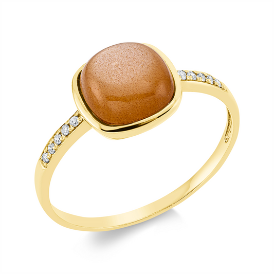 Ring 18 kt GG, 10 Brill. 0,05 ct, TW-pi, 1 Mondstein 1,72 ct orange