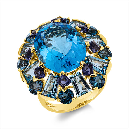 Ring 18 kt GG, 8 Topase 2,60 ct Lond. blue, 8 Topase 4,20ct blau, 1 Topas 12,20ct blau, 8 Iolith 1,20ct blau
