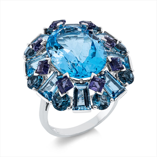 Ring 18 ktWG,8 Topase 2,50ct Lond.blue,8 Topase 4,50ct blau,1 Topas 12,20ct blau,8 Iolith 1,20ct lila