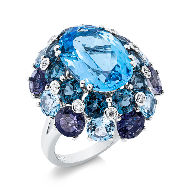 Ring 18 kt WG,10 Brill.0,14 ct,TW-si,6 Iolith 2,80ct lila,7 Topa 10,20ct blau,10 Topa 3,70ct Lond.blue