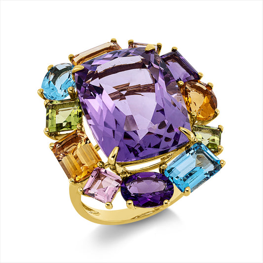 Ring 18 kt GG, 1 Amethyst 14,60 ct lila, 11 Farbsteine 8,40 ct multicolor