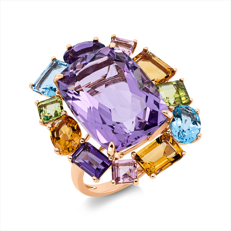 Ring 18 kt RG, 1 Amethyst 14,60 ct lila, 11 Farbsteine 8,40 ct multicolor