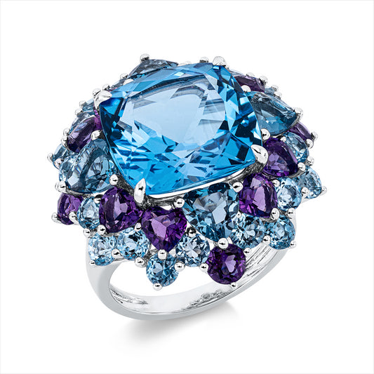 Ring 18 ktWG,4 Topa 2,40ct Lond.blue,20 Topa 2,70ct blau,1 Topas 11,60ct blau,12 Amethy 2,60ct lila