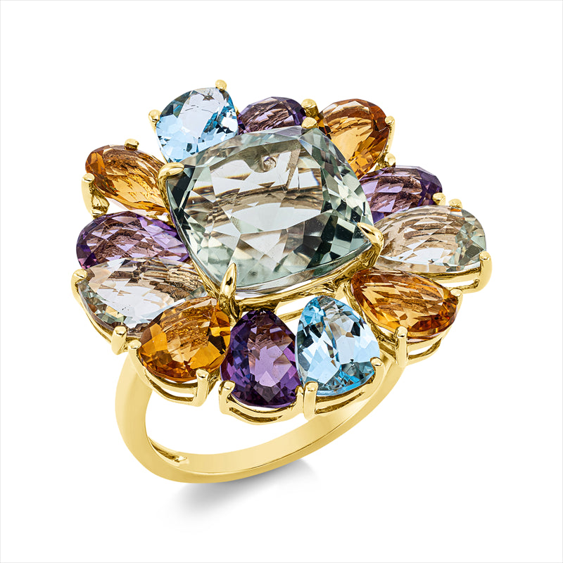 Ring 18 kt GG,2 Topase 1,90ct blau,4 Amethy 3,20ct lila, 3 Amethy 7,80 ct grün, 4 Citrin 2,50 ct gelb