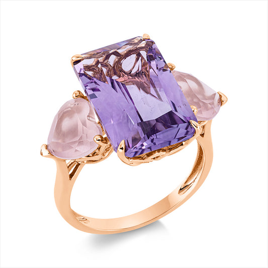 Ring 18 kt RG, 1 Amethyst 8,00 ct lila, 2 Quarz 2,80 ct rosa