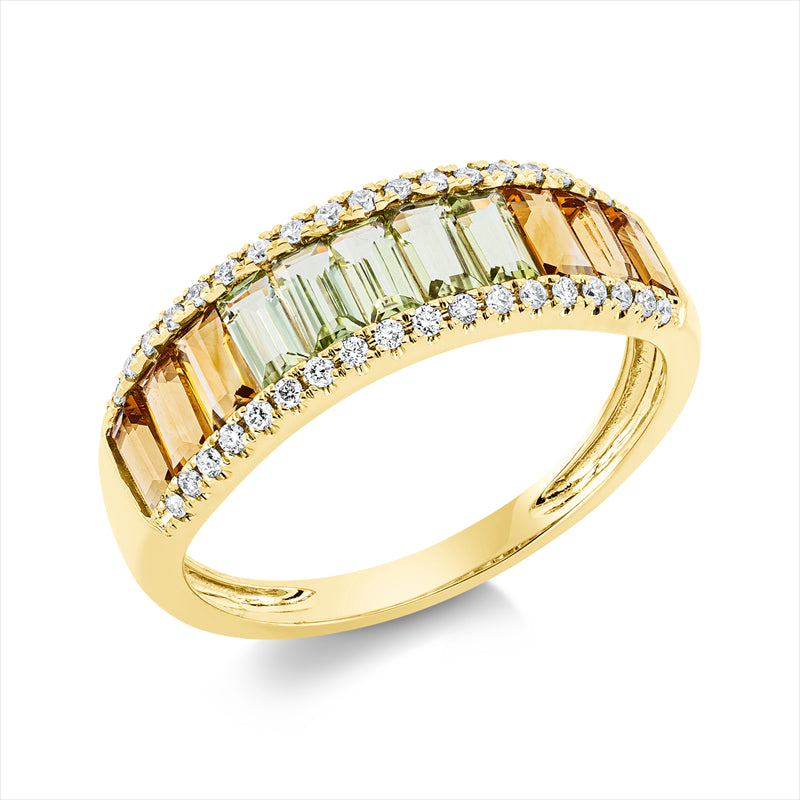 Ring 18 kt GG, 36 Brill. 0,16 ct, TW-si, 6 Citrin 0,60 ct gelb, 5 Peridot 0,60 ct grün