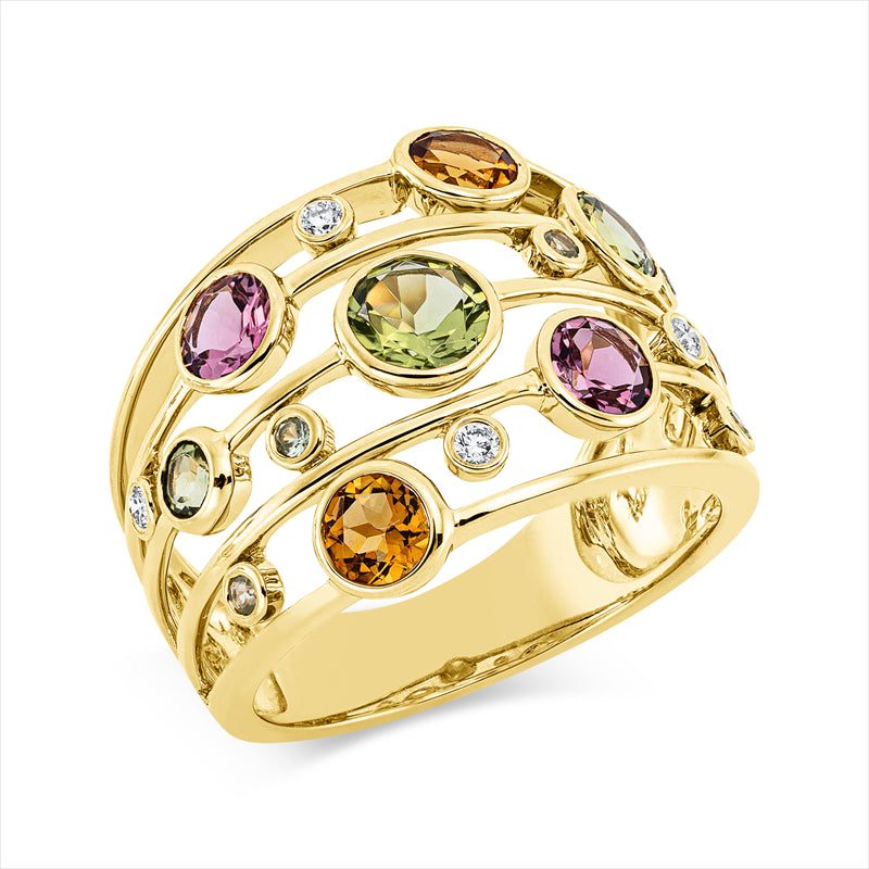 Ring 18 kt GG, 4 Brill. 0,08 ct, TW-si, 13 Farbsteine 2,41 ct multicolor