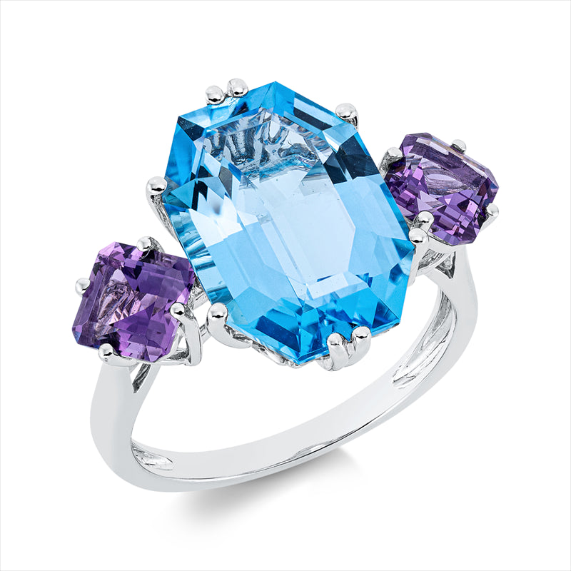 Ring 18 kt WG, 1 Topas 7,20 ct blau, 2 Amethyste 1,30 ct lila