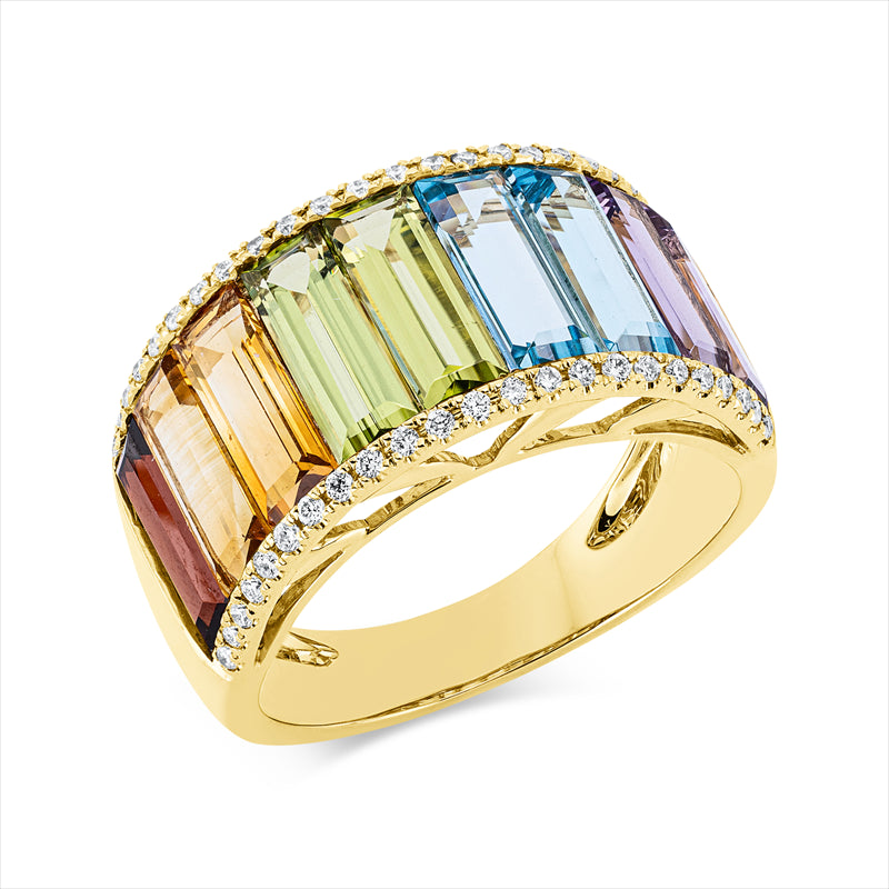 Ring 18 kt GG, 46 Brill. 0,20 ct, TW-si, 9 Farbsteine 5,00 ct multicolor