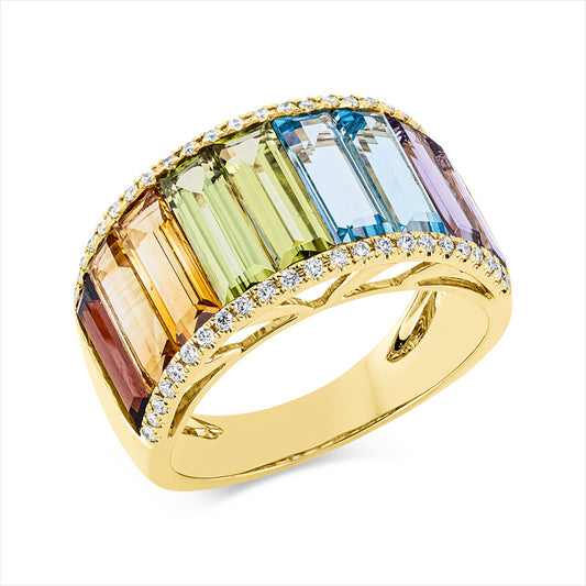 Ring 18 kt GG, 46 Brill. 0,20 ct, TW-si, 9 Farbsteine 5,00 ct multicolor