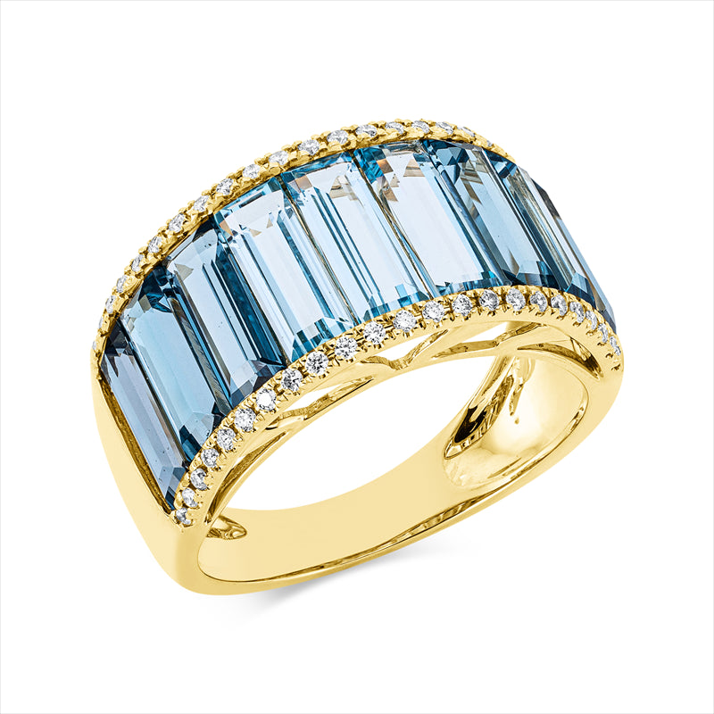 Ring 18 kt GG, 46 Brill. 0,20 ct, TW-si, 6 Topase 3,50 ct blau, 3 Topase 1,80 ct Lond. blue