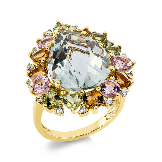Ring 18 kt GG, 14 Brill. 0,17 ct, TW-si, 1 Amethyst 8,30 ct grün, 14 Farbsteine 3,90 ct multicolor