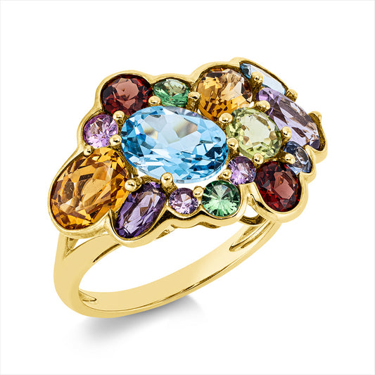 Ring 18 kt GG, 3 Farbsteine 1,30 ct multicolor, 6 Farbsteine 0,61 ct multicolor, 6 Farbsteine 4,30 ct multicolor