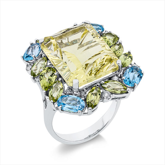 Ring 18 kt WG, 12 Brill.0,23 ct, I-pi,4 Topase 2,07ct blau,1 Quarz 12,33ct grün,10 Peridot 2,95ct grün