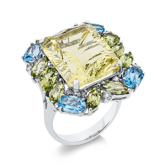 Ring 18 kt WG, 12 Brill.0,25ct, I-pi,4 Topase 2,07ct blau,1 Quarz 12,33ct grün,10 Peridot 2,95ct grün