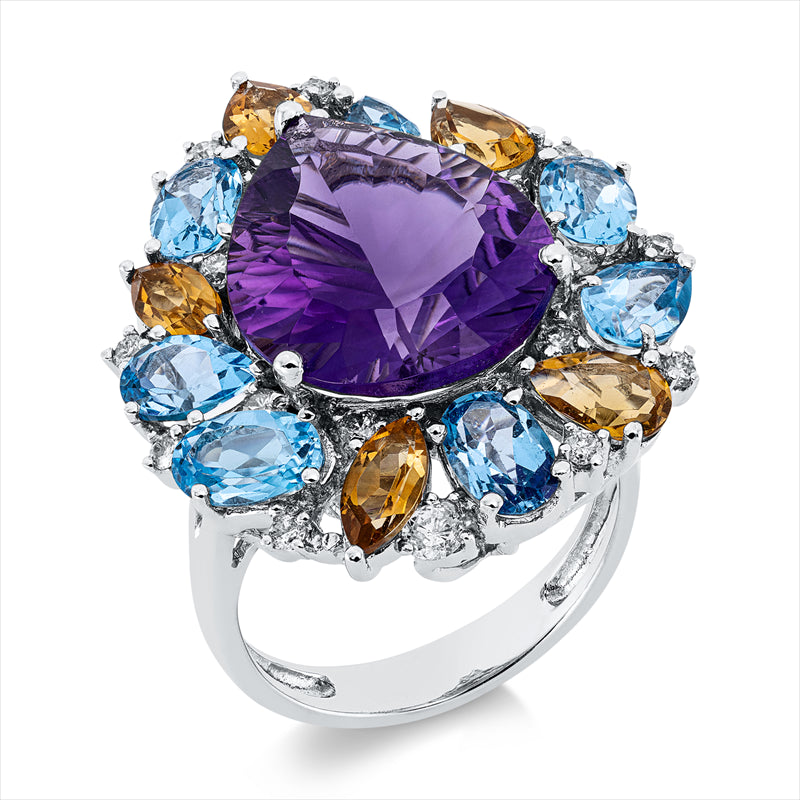 Ring 18 kt WG, 18 Brill. 0,36 ct, I, 7 Topase 3,15 ct blau, 1 Amethyst 7,87 ct lila, 5 Citrin 1,36 ct gelb