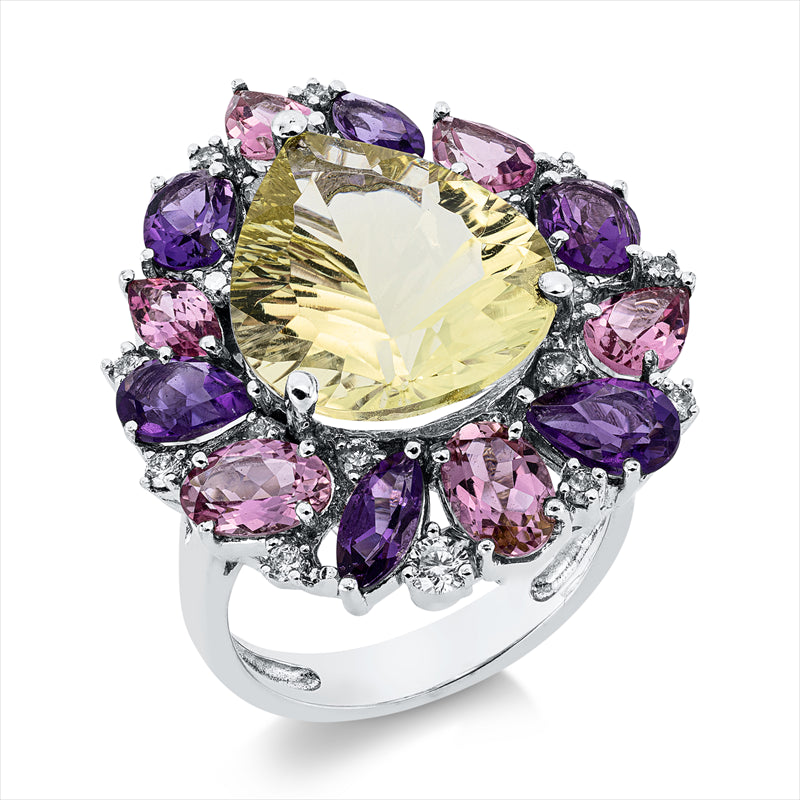 Ring 18 kt WG, 18 Brill. 0,36 ct, I-pi,6 Amethyste 1,83ct lila,1 Quarz 8,01ct grün,6 Turmalin 2,06ct pink