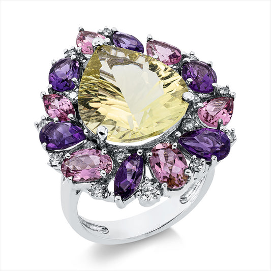 Ring 18 kt WG, 18 Brill. 0,36 ct, I-pi,6 Amethyste 1,83ct lila,1 Quarz 8,01ct grün,6 Turmalin 2,06ct pink