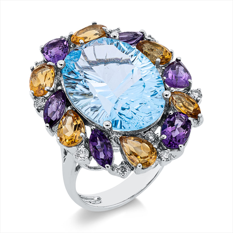 Ring 18 kt WG, 12 Brill. 0,27 ct, I-pi, 6 Amethyste 1,59ct lila, 1 Topas 15,01ct blau, 6 Citrin 2,20ct gelb