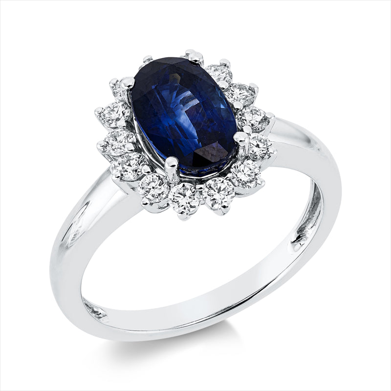 Ring 18 kt WG, 14 Brill. 0,41 ct, TW-vsi, 1 Saphir 2,33 ct blau