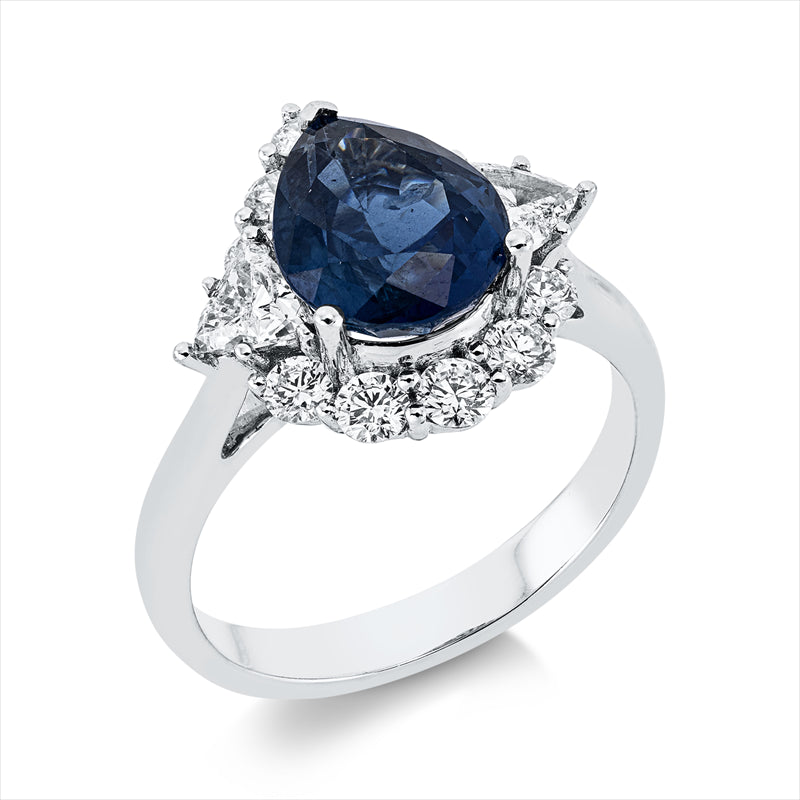 Ring 18 kt WG, 2 Triangel 0,41 ct, TW-si, 10 Brill. 0,54 ct, F-vsi, 1 Saphir 3,05 ct blau